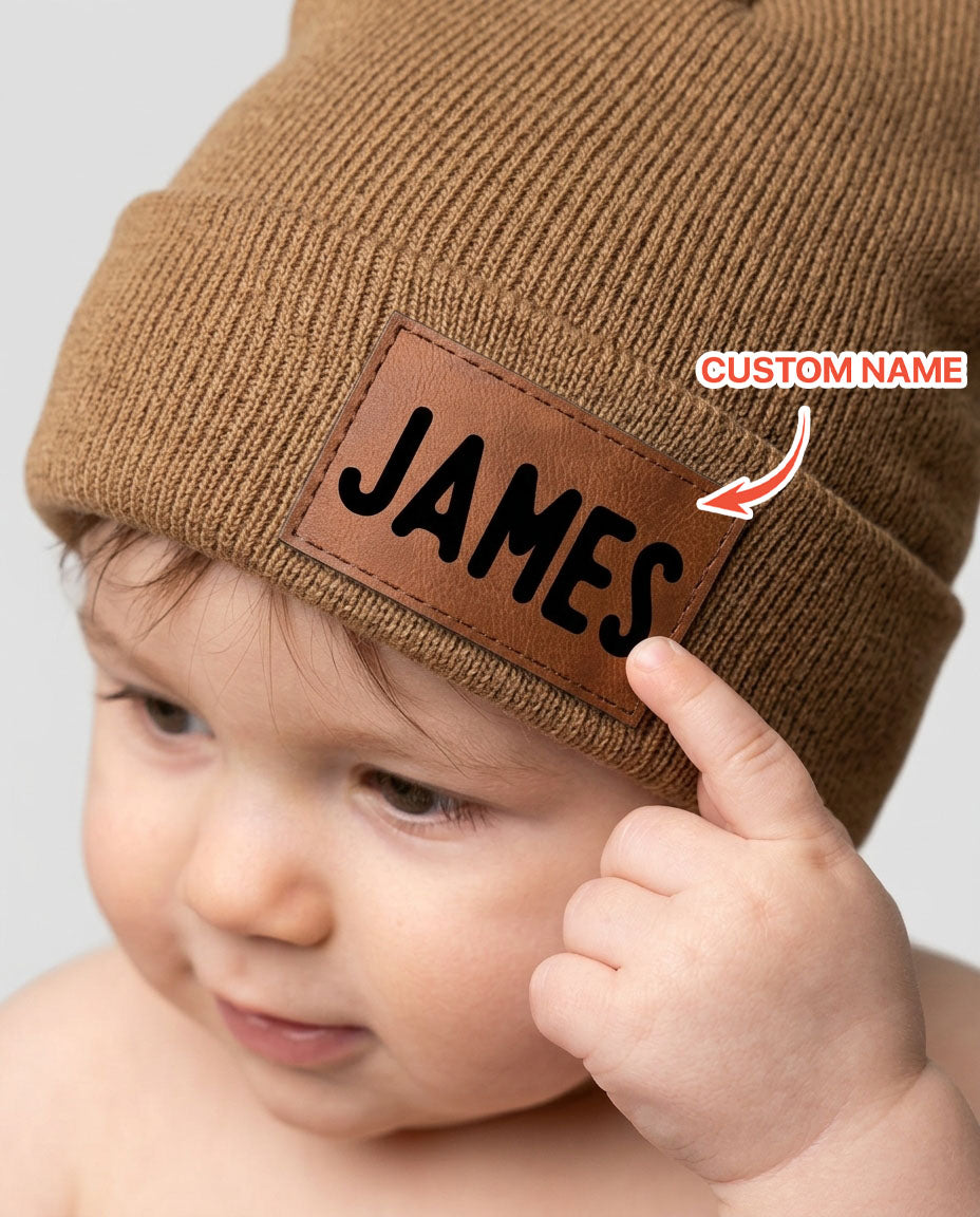 Custom Name Leather Patch Beanie