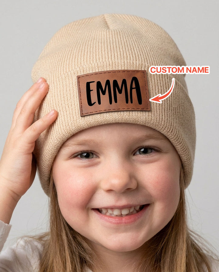 Custom Name Leather Patch Beanie