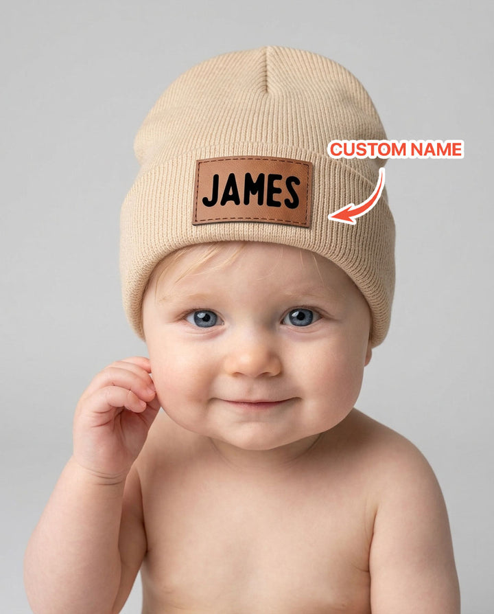 Custom Name Leather Patch Beanie