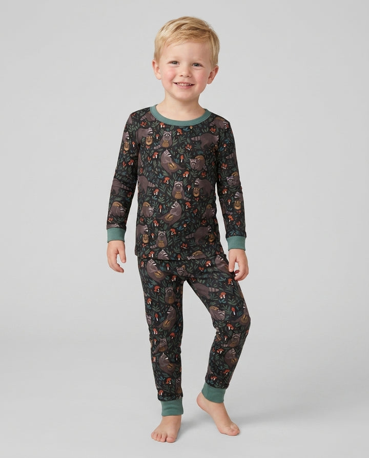 Raccoon And Whimsical Mushroom Bamboo Two Piece Long Sleeve Pajama Set