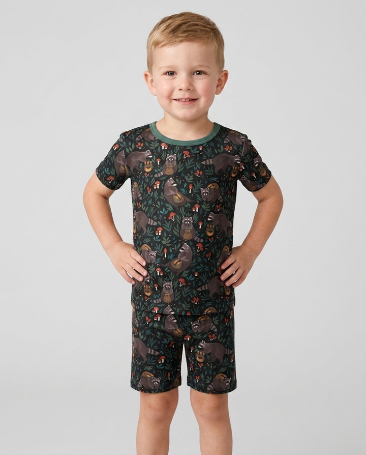 Raccoon And Whimsical Mushroom Bamboo Two Piece Short Sleeve Shorts Pajama Set