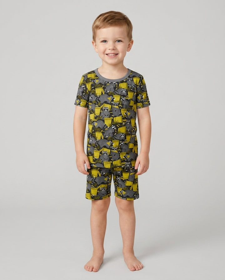 Raccoons With Garbage Cans Bamboo Two Piece Short Sleeve Shorts Pajama Set
