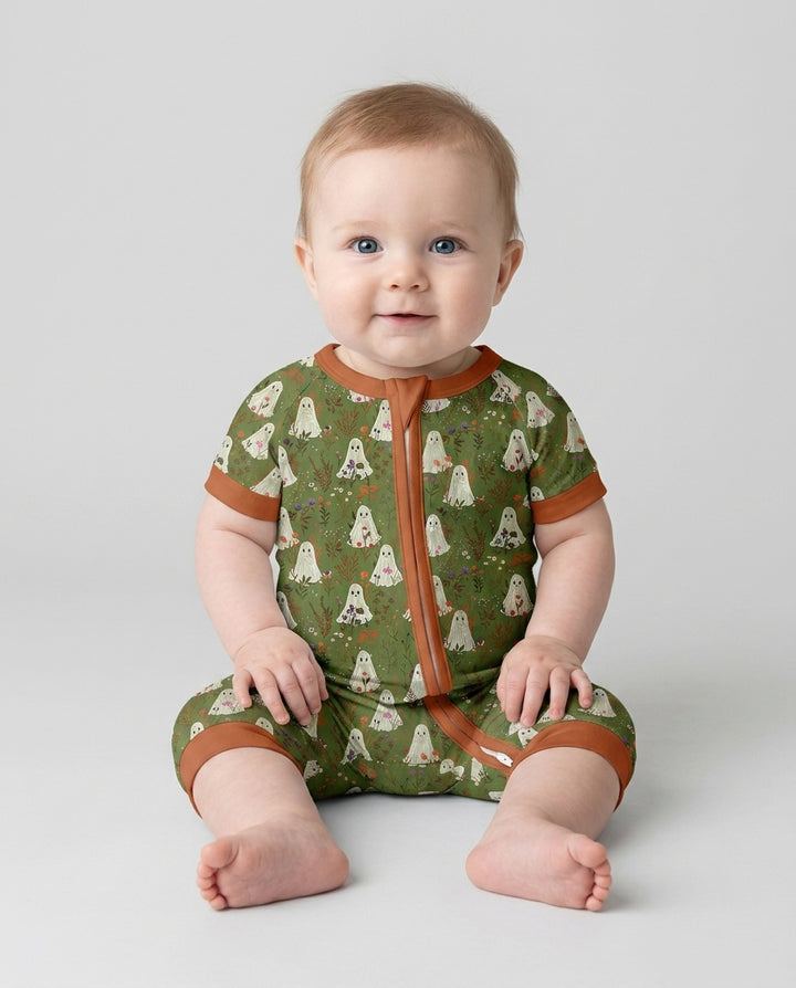 Cute Ghost Halloween Moss Green Floral Bamboo Shorty Zippy