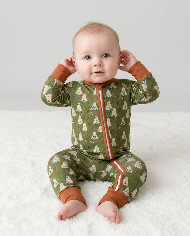 Cute Ghost Halloween Moss Green Floral Bamboo Convertible Zippy