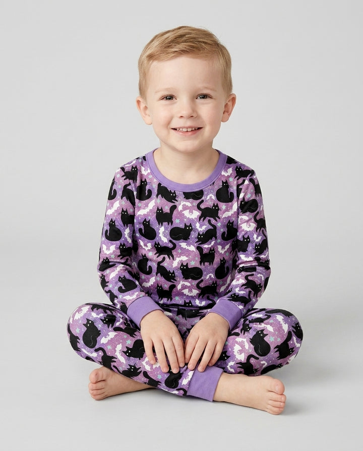 Spooky Black Cat Halloween Purple Bats Bamboo Two Piece Long Sleeve Pajama Set