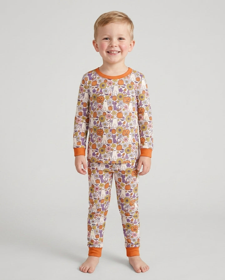 Ghost Pumpkin Fall Floral Halloween Bamboo Two Piece Long Sleeve Pajama Set