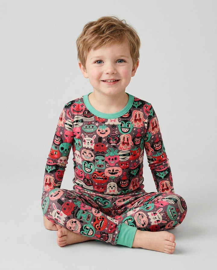 Retro Halloween Monsters Ghost Pumpkin Mummy Bamboo Two Piece Long Sleeve Pajama Set