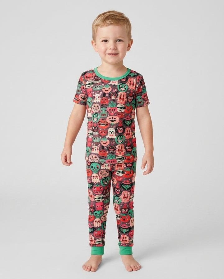 Retro Halloween Monsters Ghost Pumpkin Mummy Bamboo Two Piece Short Sleeve Pajama Set