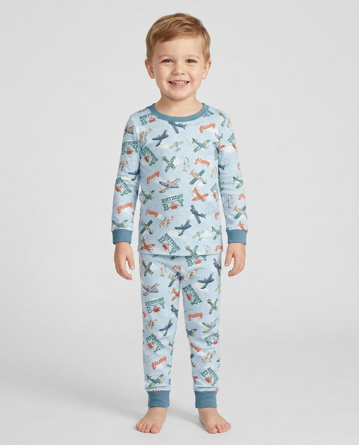Personalized Airplane Birthday Boy Bamboo Two Piece Long Sleeve Pajama Set