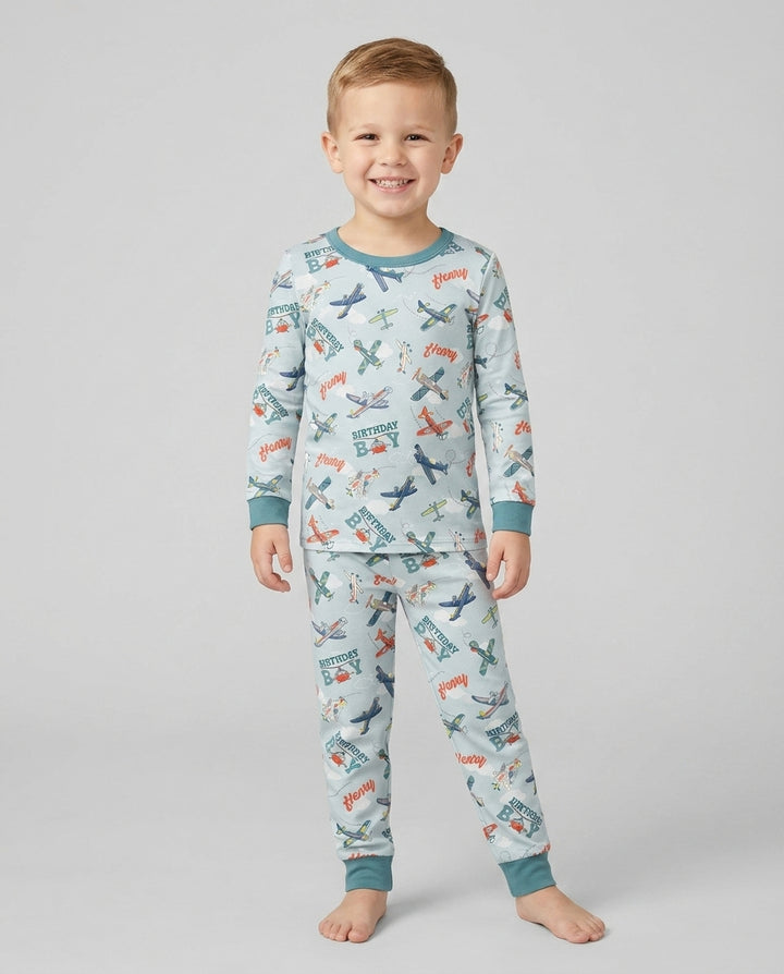 Personalized Airplane Birthday Boy Bamboo Two Piece Long Sleeve Pajama Set