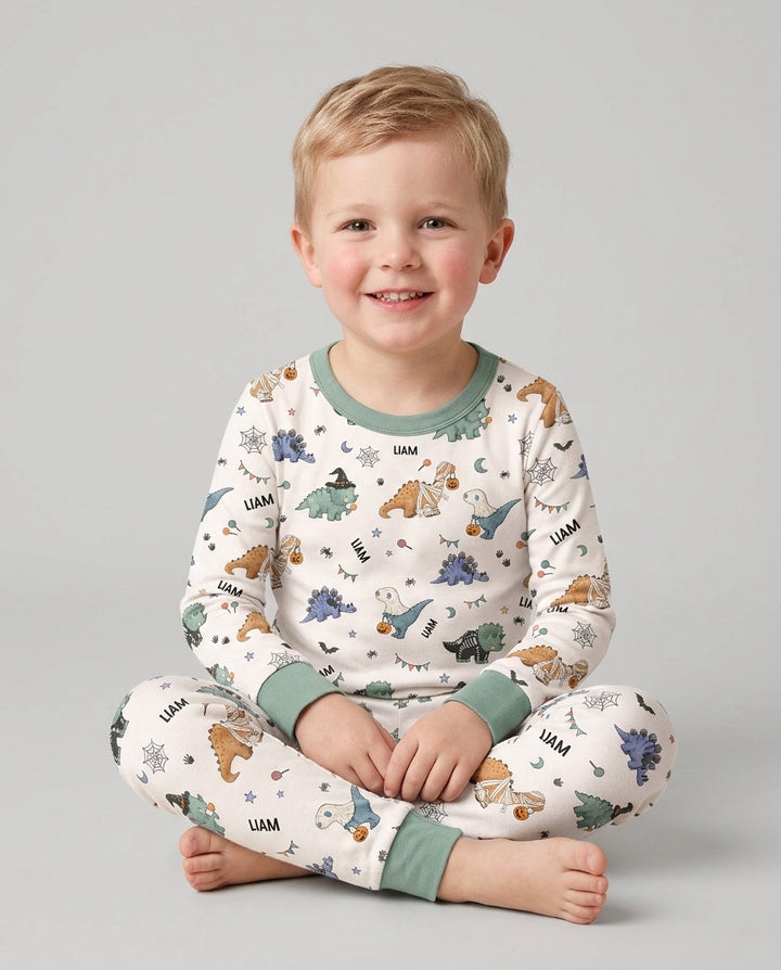 Custom Name Cute Halloween Dinosaur - Personalized Long Sleeve Pajama Set