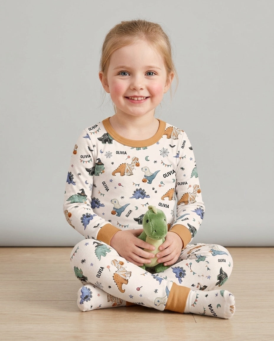 Custom Name Cute Halloween Dinosaur - Personalized Long Sleeve Pajama Set