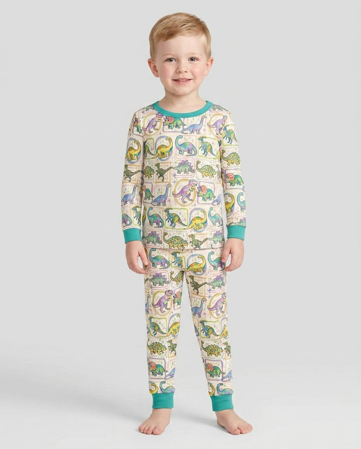 Colorful Dino Sketchbook Bamboo Two Piece Long Sleeve Pajama Set