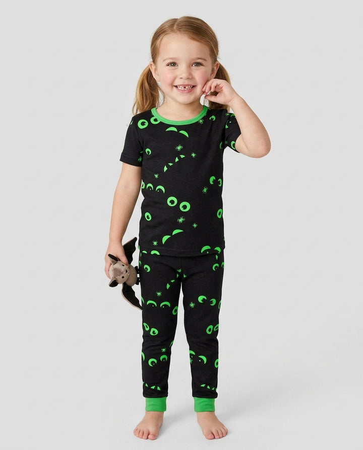 Im Dunkeln leuchtendes gruseliges Spinnennetz-Bambus-Zweiteiler-Kurzarm-Pyjama-Set
