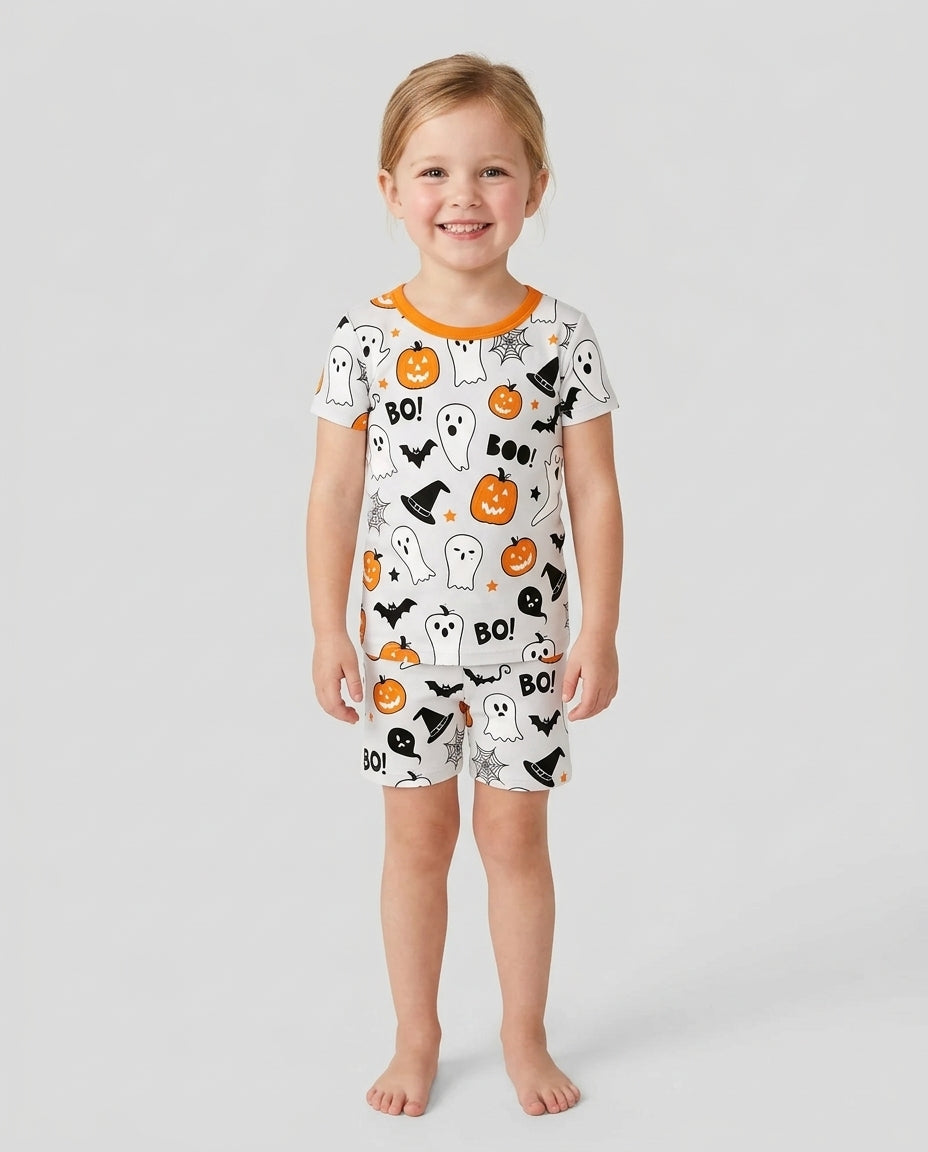 Halloween Geist & Kürbis Leuchtet im Dunkeln Bambus Zweiteiliges Kurzarm-Shorts Pyjama-Set