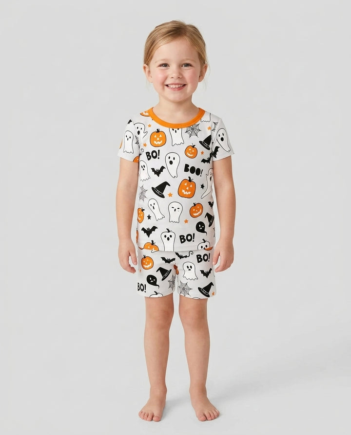 Halloween Geist & Kürbis Leuchtet im Dunkeln Bambus Zweiteiliges Kurzarm-Shorts Pyjama-Set