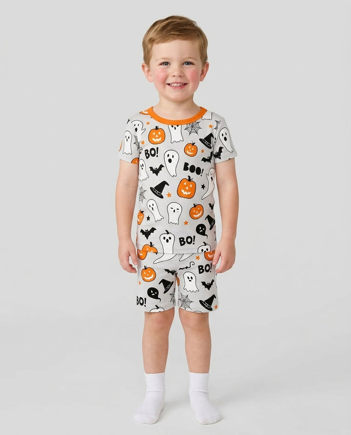 Halloween Geist & Kürbis Leuchtet im Dunkeln Bambus Zweiteiliges Kurzarm-Shorts Pyjama-Set