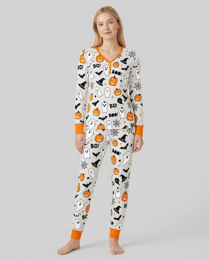 Halloween "Buh!"- und Kürbis-Leuchten-im-Dunkeln Bambus-Pyjama-Set für Damen