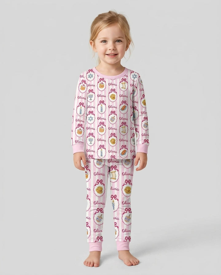Custom Name Hanukkah Striped Bamboo Two Piece Long Sleeve Pajama Set