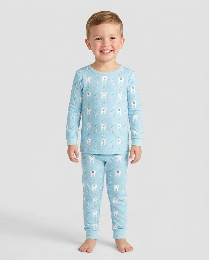 Brushing Teeth Blue Bamboo Two Piece Long Sleeve Pajama Set