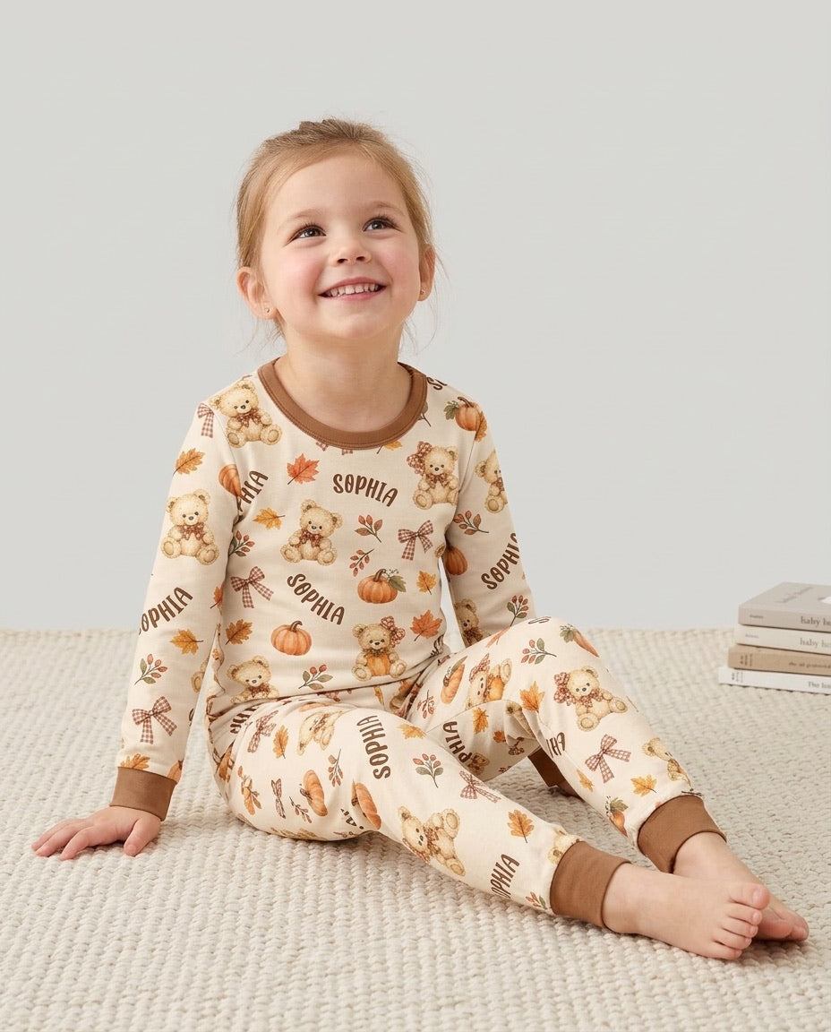 Fall Gingham Bow Teddy Bear Bamboo Two Piece Long Sleeve Pajama Set