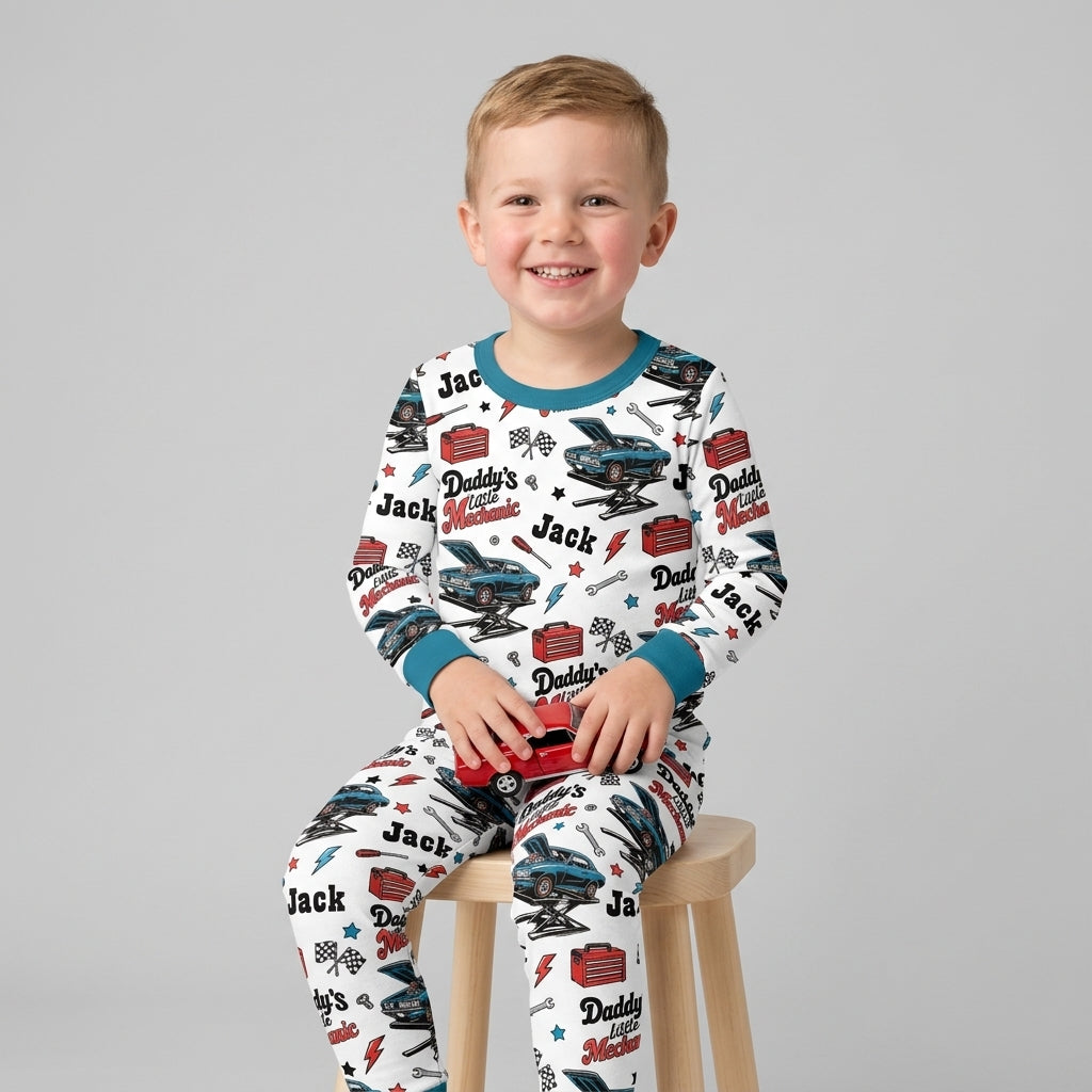 Custom Name Daddy's Little Mechanic Bamboo Two Piece Long Sleeve Pajama Set