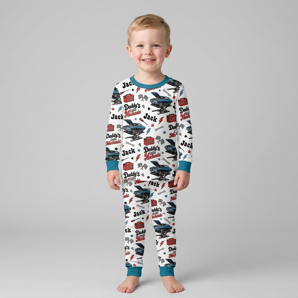 Custom Name Daddy's Little Mechanic Bamboo Two Piece Long Sleeve Pajama Set