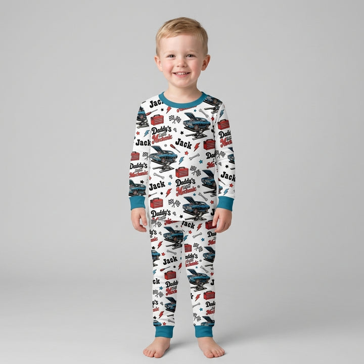 Custom Name Daddy's Little Mechanic Bamboo Two Piece Long Sleeve Pajama Set