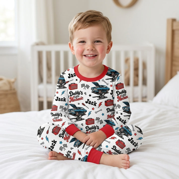 Custom Name Daddy's Little Mechanic Bamboo Two Piece Long Sleeve Pajama Set