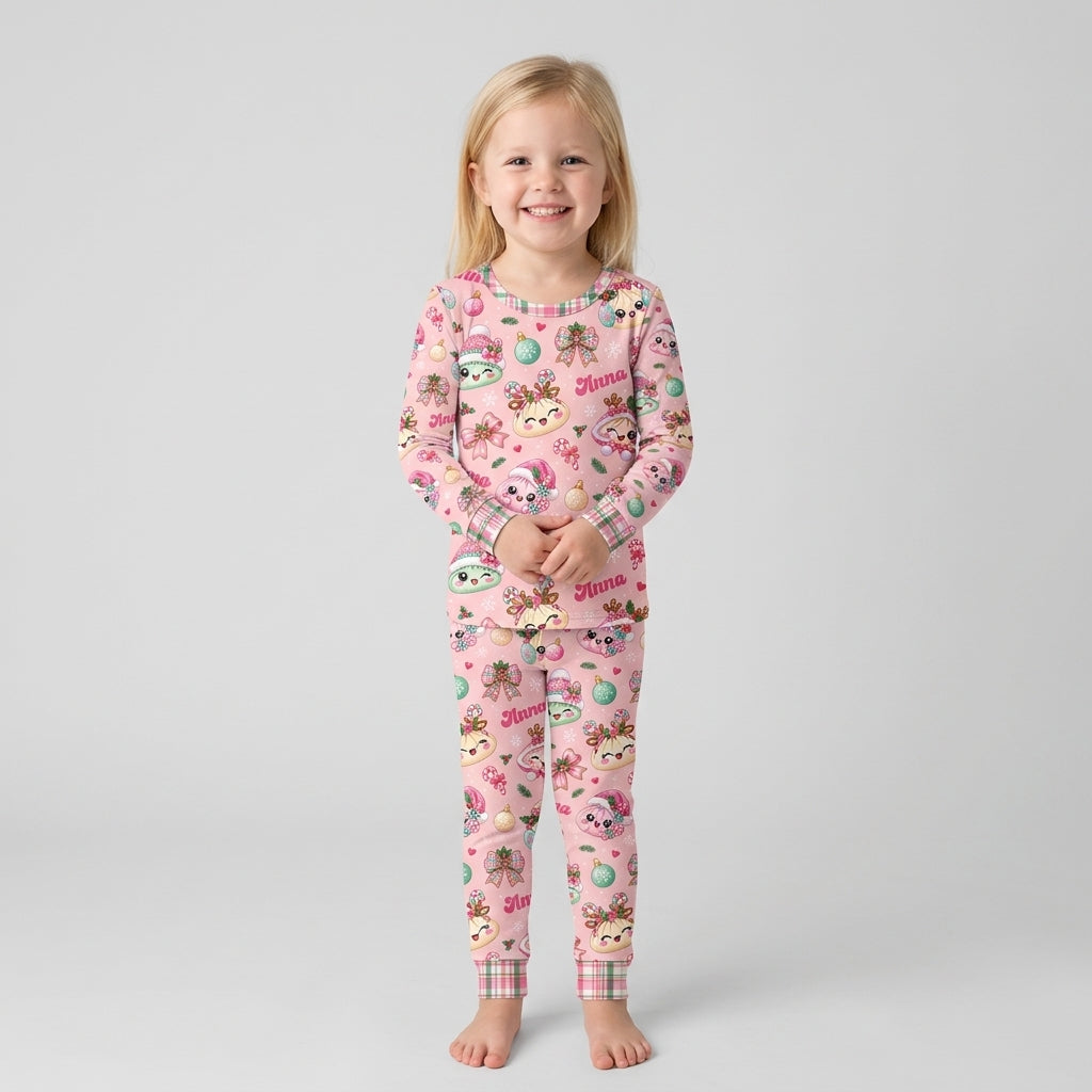 Custom Name Kawaii Christmas Dumpling Bamboo Two Piece Long Sleeve Pajama Set