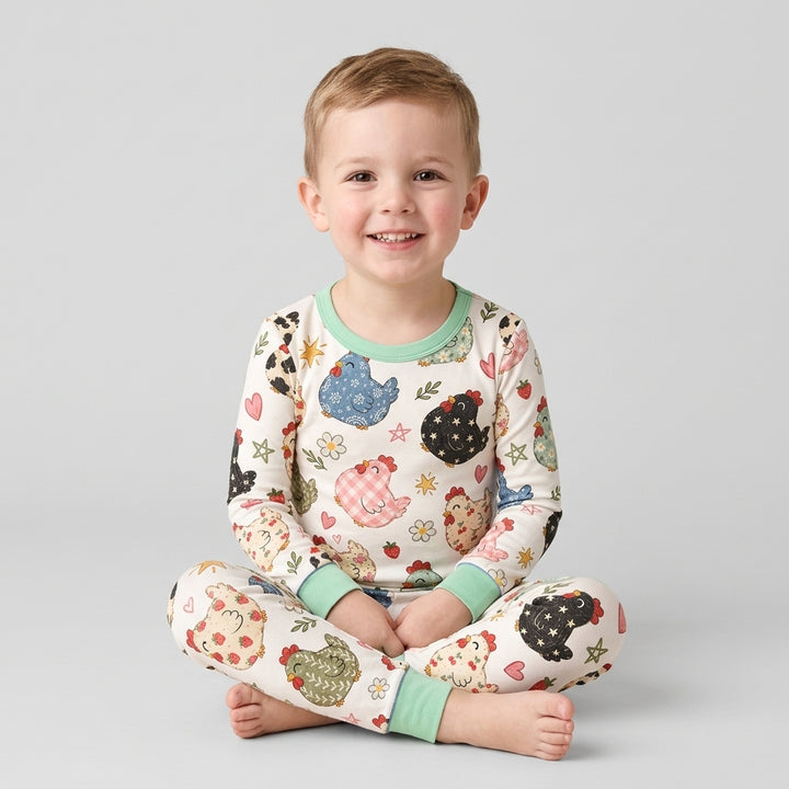 Playful Farm Chicken Bamboo Two Piece Long Sleeve Pajama Set