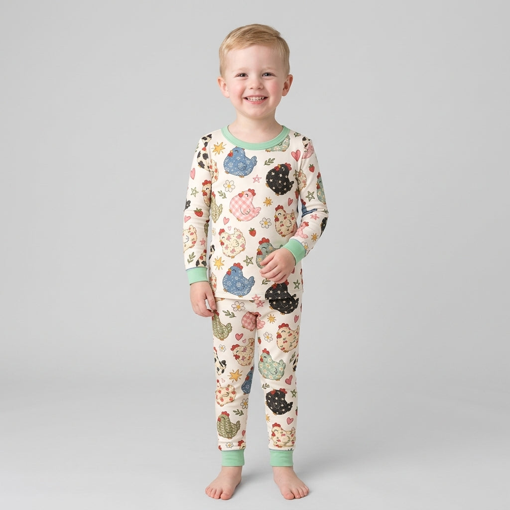 Playful Farm Chicken Bamboo Two Piece Long Sleeve Pajama Set