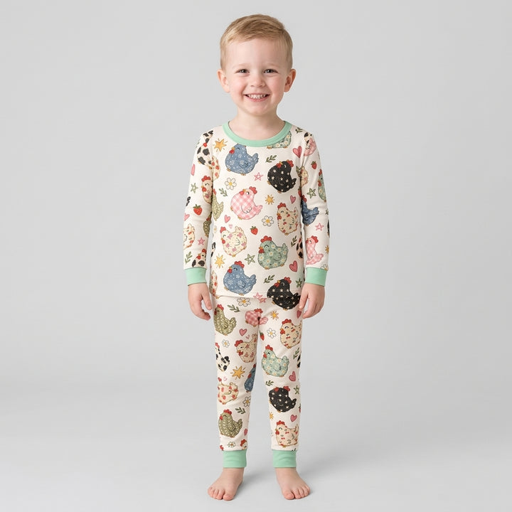 Playful Farm Chicken Bamboo Two Piece Long Sleeve Pajama Set