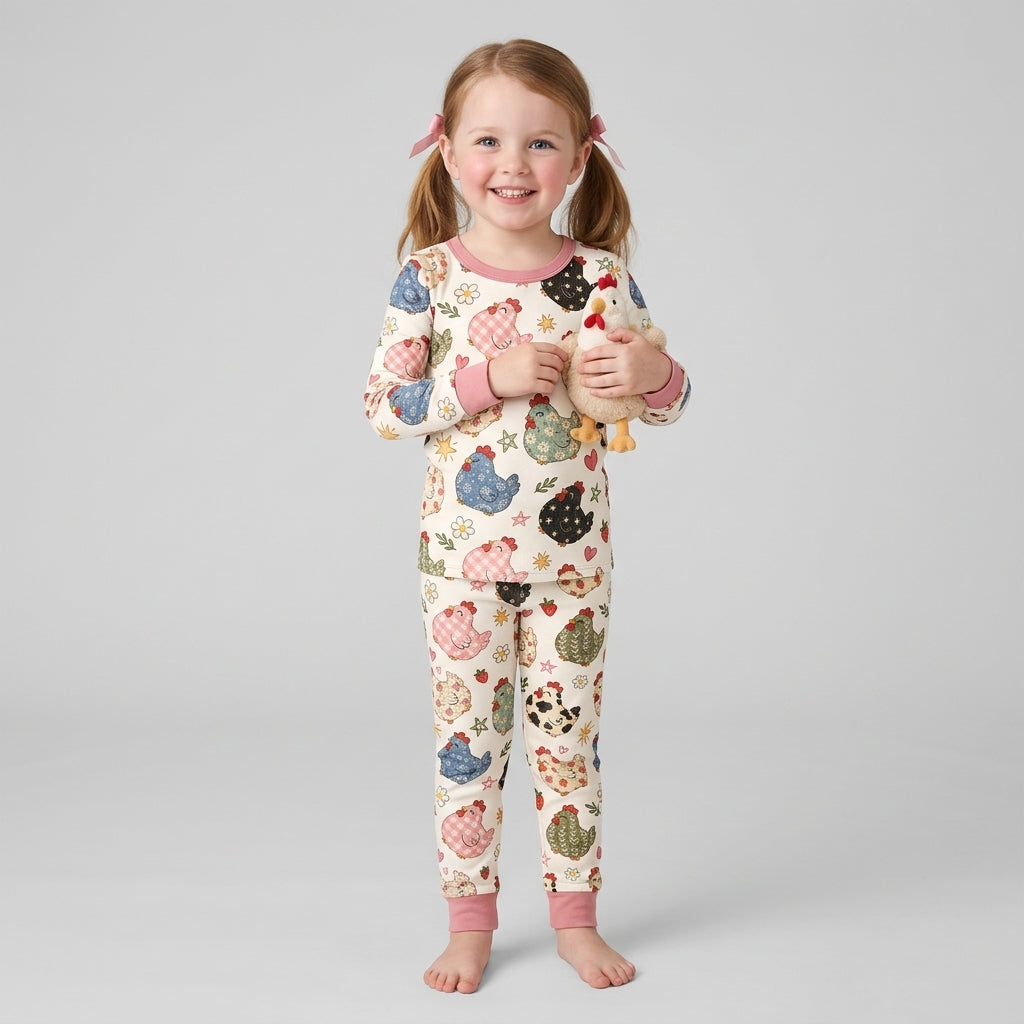 Playful Farm Chicken Bamboo Two Piece Long Sleeve Pajama Set