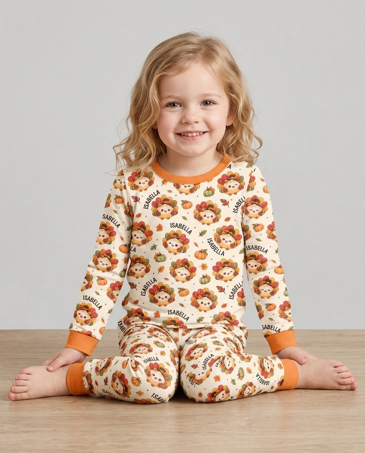 Cute Dumpling Turkey Thanksgiving Bamboo Two Piece Long Sleeve Pajama Set