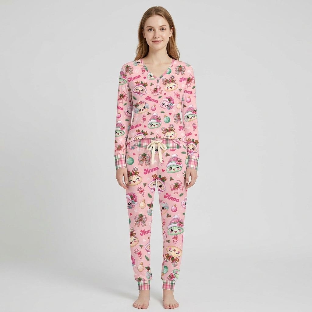 Custom Name Kawaii Christmas Dumpling Bamboo Women Pajama Set