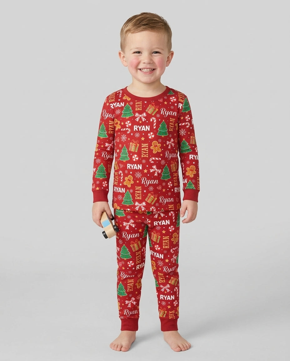 Custom Name Christmas Crew Family Matching Bamboo Two Piece Long Sleeve Pajama Set