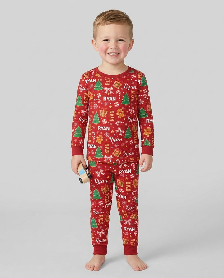 Custom Name Christmas Crew Family Matching Bamboo Two Piece Long Sleeve Pajama Set