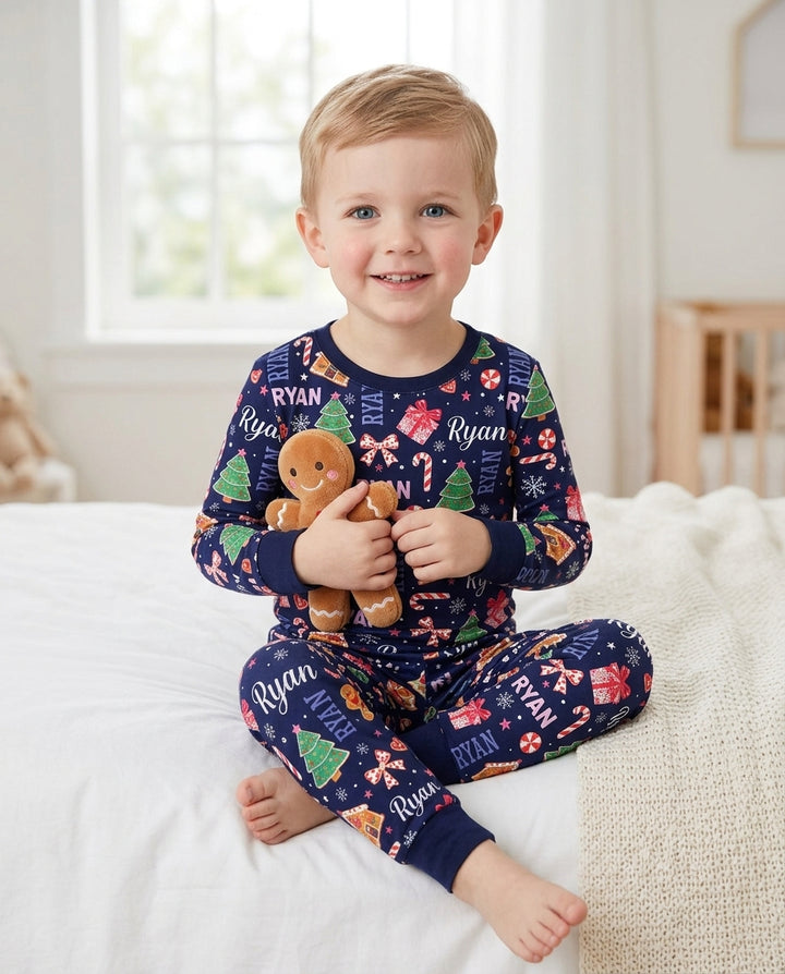 Custom Name Christmas Crew Family Matching Bamboo Two Piece Long Sleeve Pajama Set