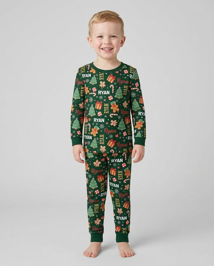 Custom Name Christmas Crew Family Matching Bamboo Two Piece Long Sleeve Pajama Set