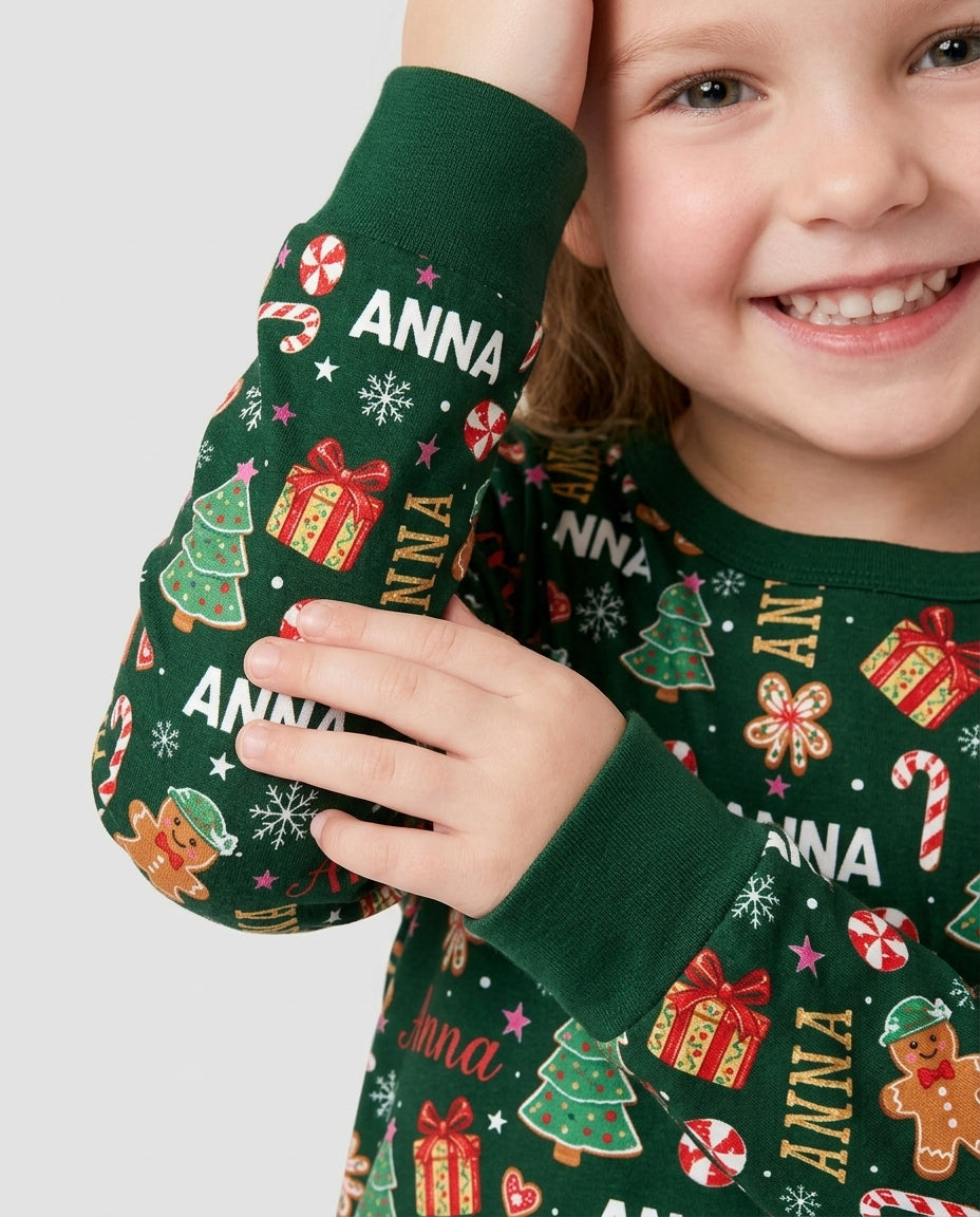 Custom Name Christmas Crew Family Matching Bamboo Two Piece Long Sleeve Pajama Set