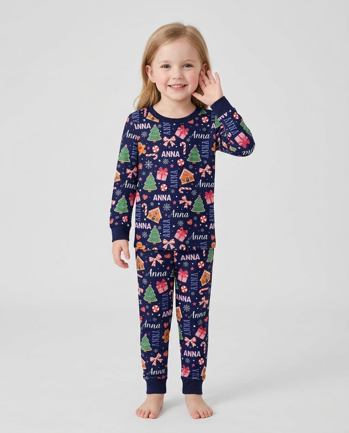 Custom Name Christmas Crew Family Matching Bamboo Two Piece Long Sleeve Pajama Set