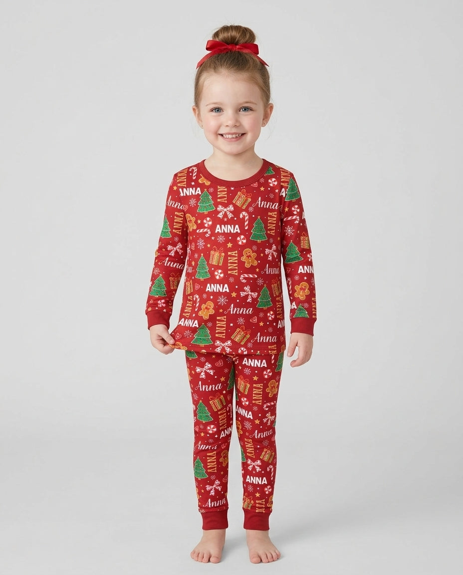 Custom Name Christmas Crew Family Matching Bamboo Two Piece Long Sleeve Pajama Set