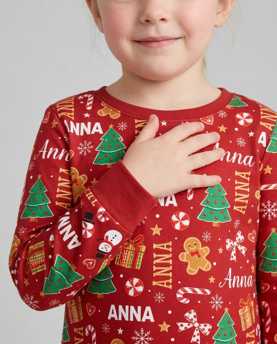 Custom Name Christmas Crew Family Matching Bamboo Two Piece Long Sleeve Pajama Set