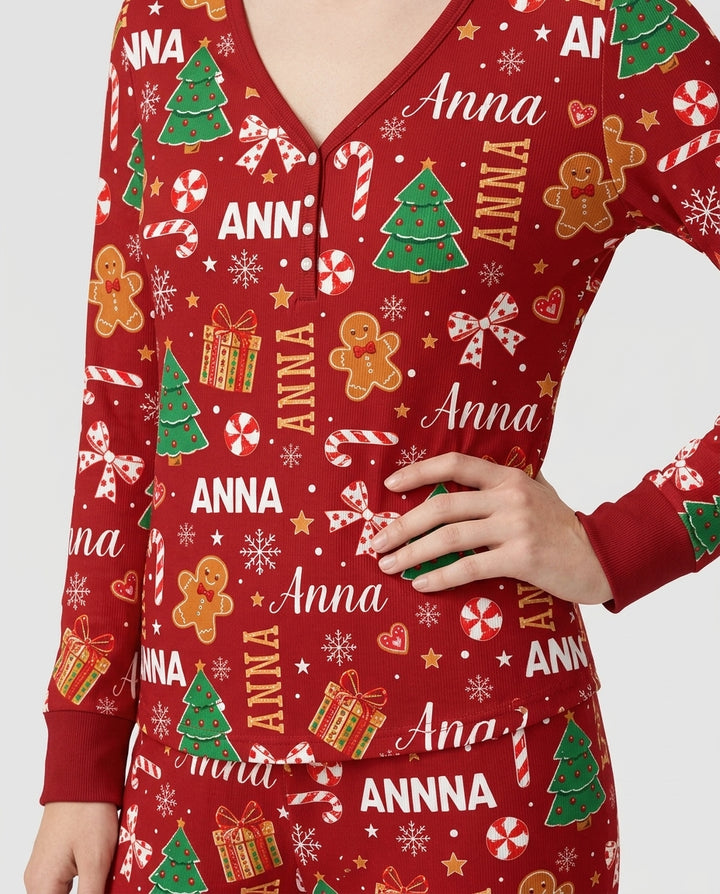 Custom Name Christmas Crew Family Matching Bamboo Women Pajama Set