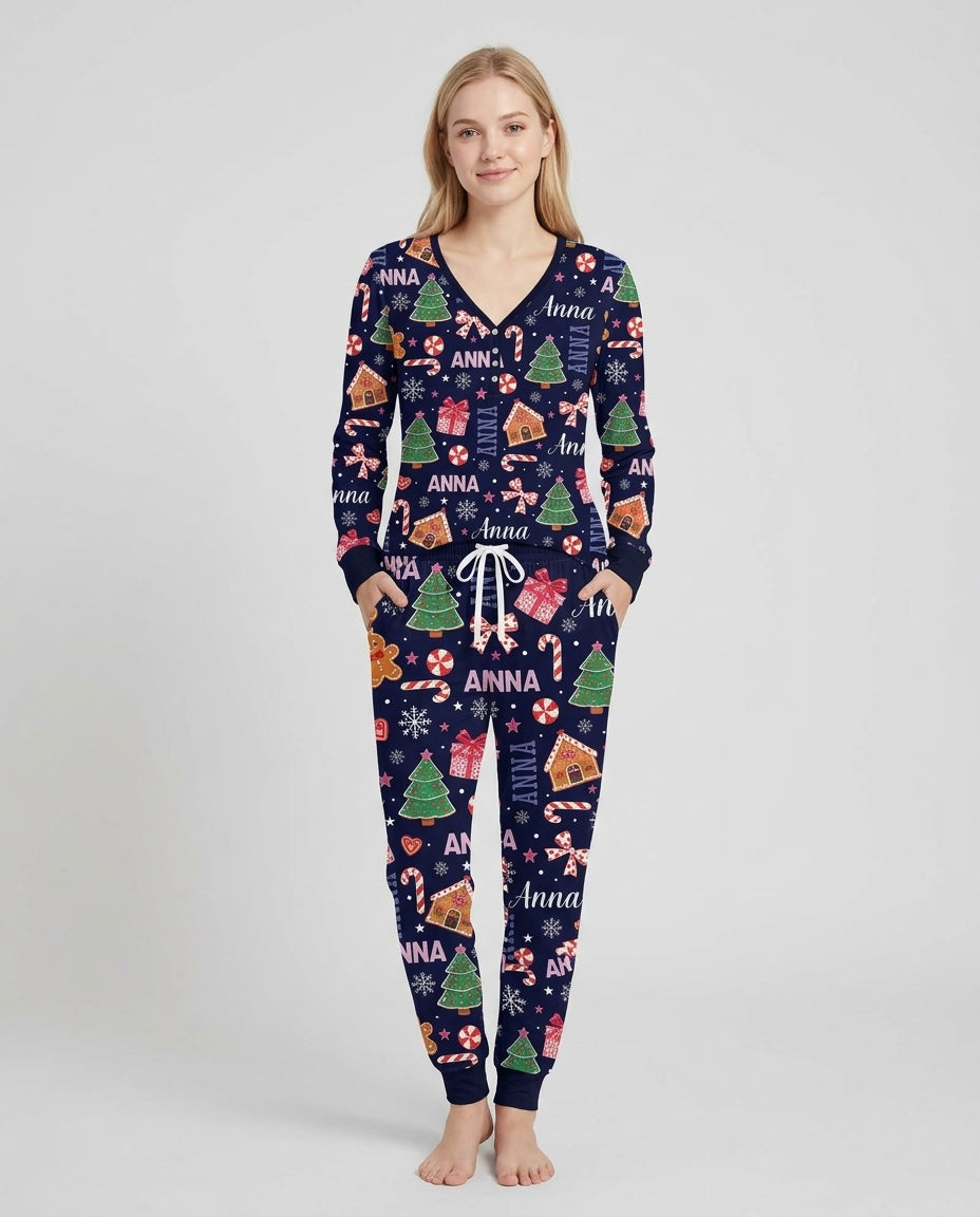 Custom Name Christmas Crew Family Matching Bamboo Women Pajama Set
