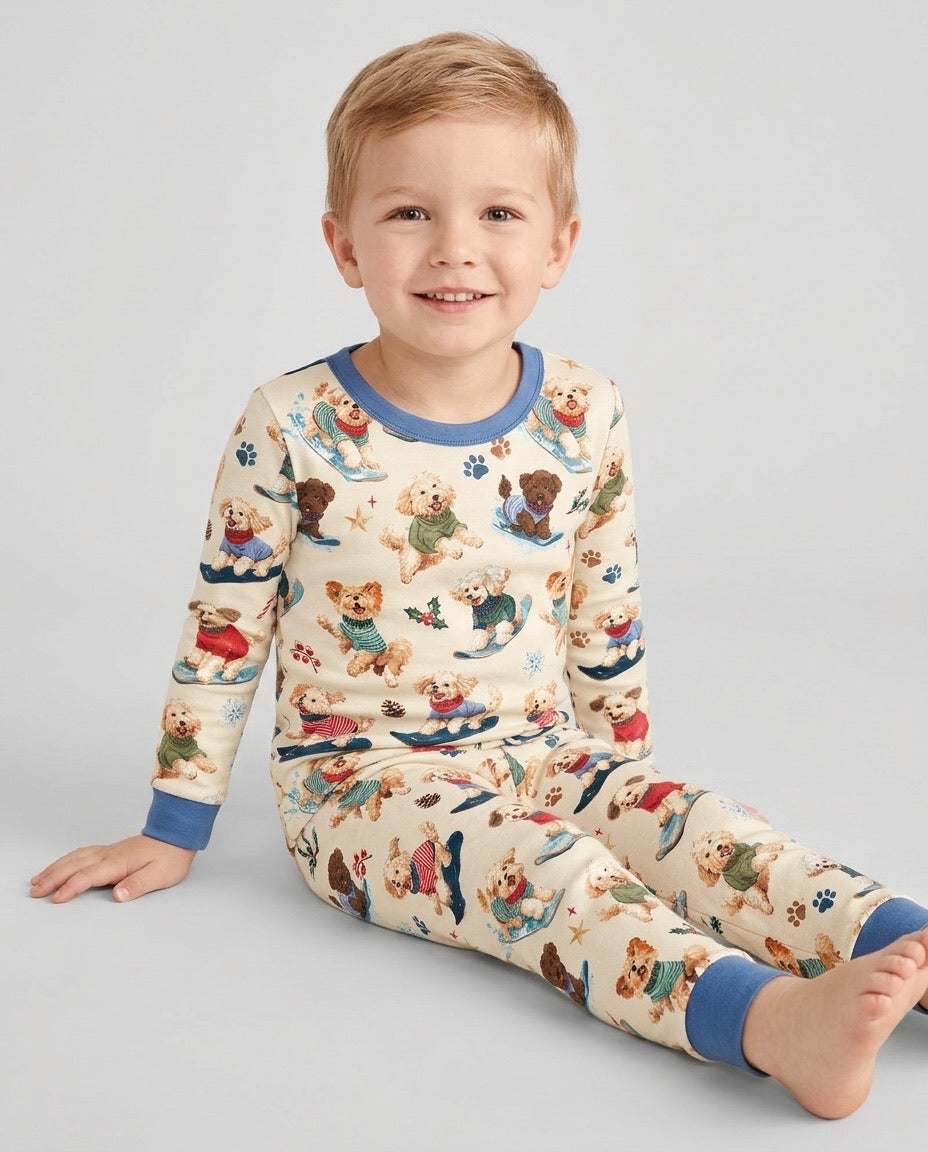 Snowboarding Dogs Bamboo Two Piece Long Sleeve Pajama Set