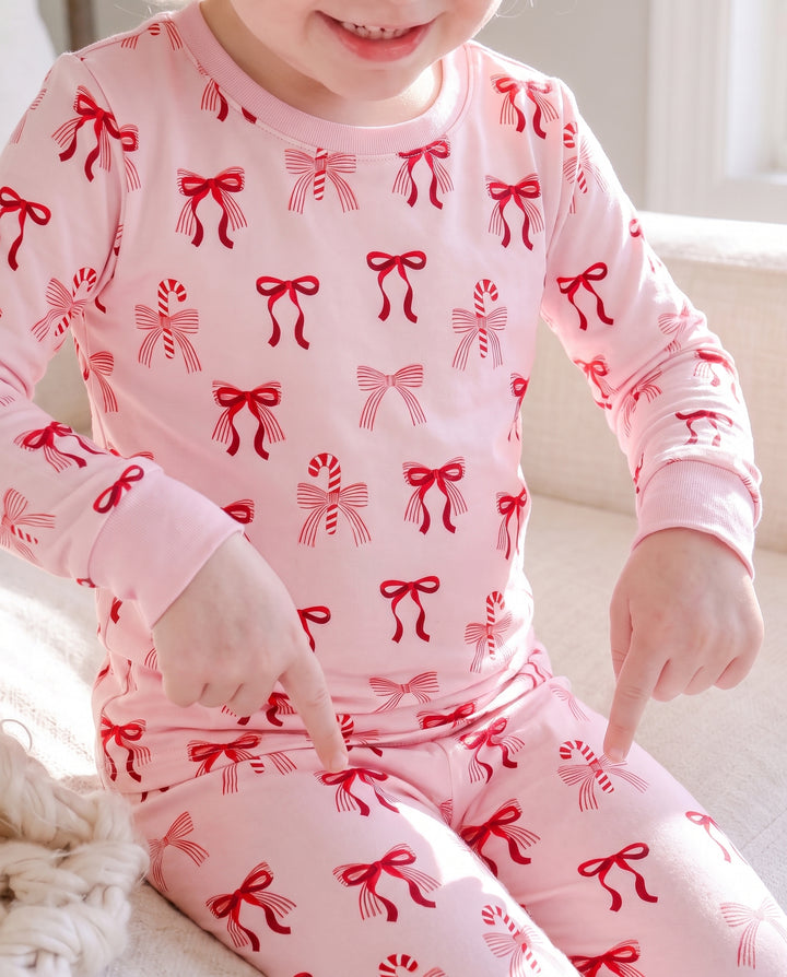 Candy Cane Bow Delight Bamboo Two Piece Long Sleeve Pajama Set