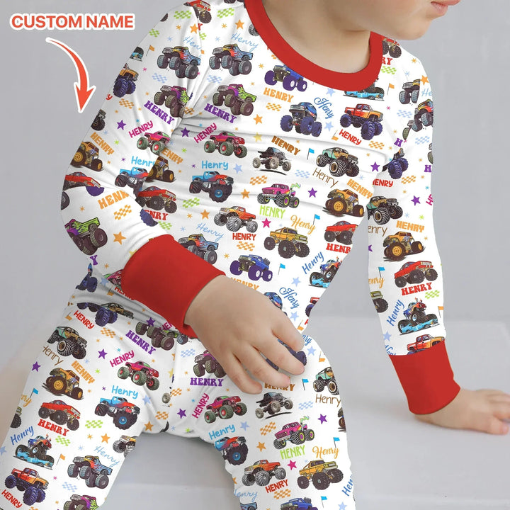 Monster Truck Custom Name Two Piece Long Sleeve Pajama Set , Monster Truck Custom Name Two Piece Long Sleeve Pajama Set - 12-18M