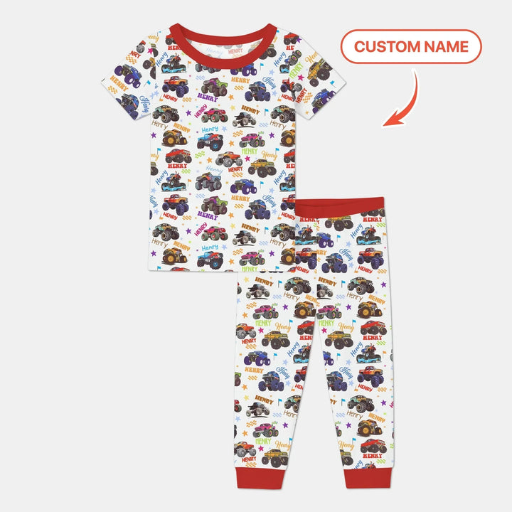 Monster Truck Custom Name Two Piece Short Sleeve Pajama Set , Monster Truck Custom Name Two Piece Short Sleeve Pajama Set - 12-18M
